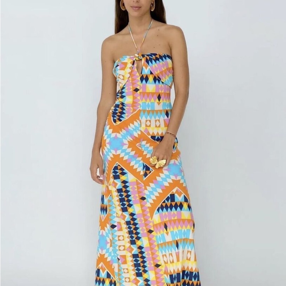 Zara Printed Midi Halter Dress Multicolored Sz L 7619 002 330